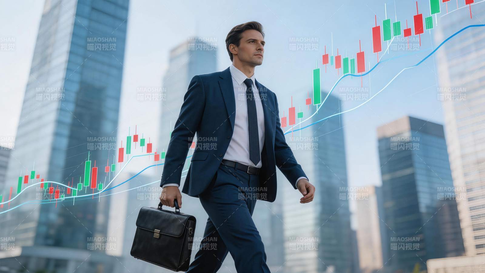 西装男子手提公文包行走于金融图表背景前图片