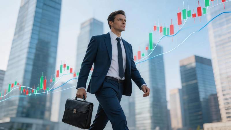 西装男子手提公文包行走于金融图表背景前图片