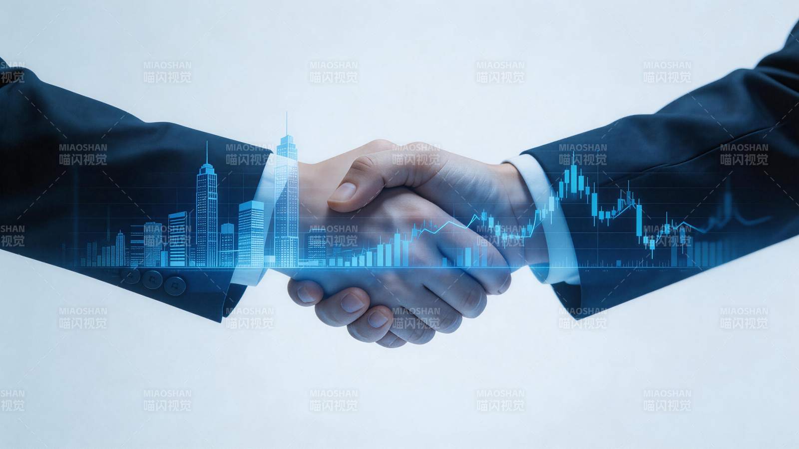 商务人士握手叠加城市金融数据图景图片