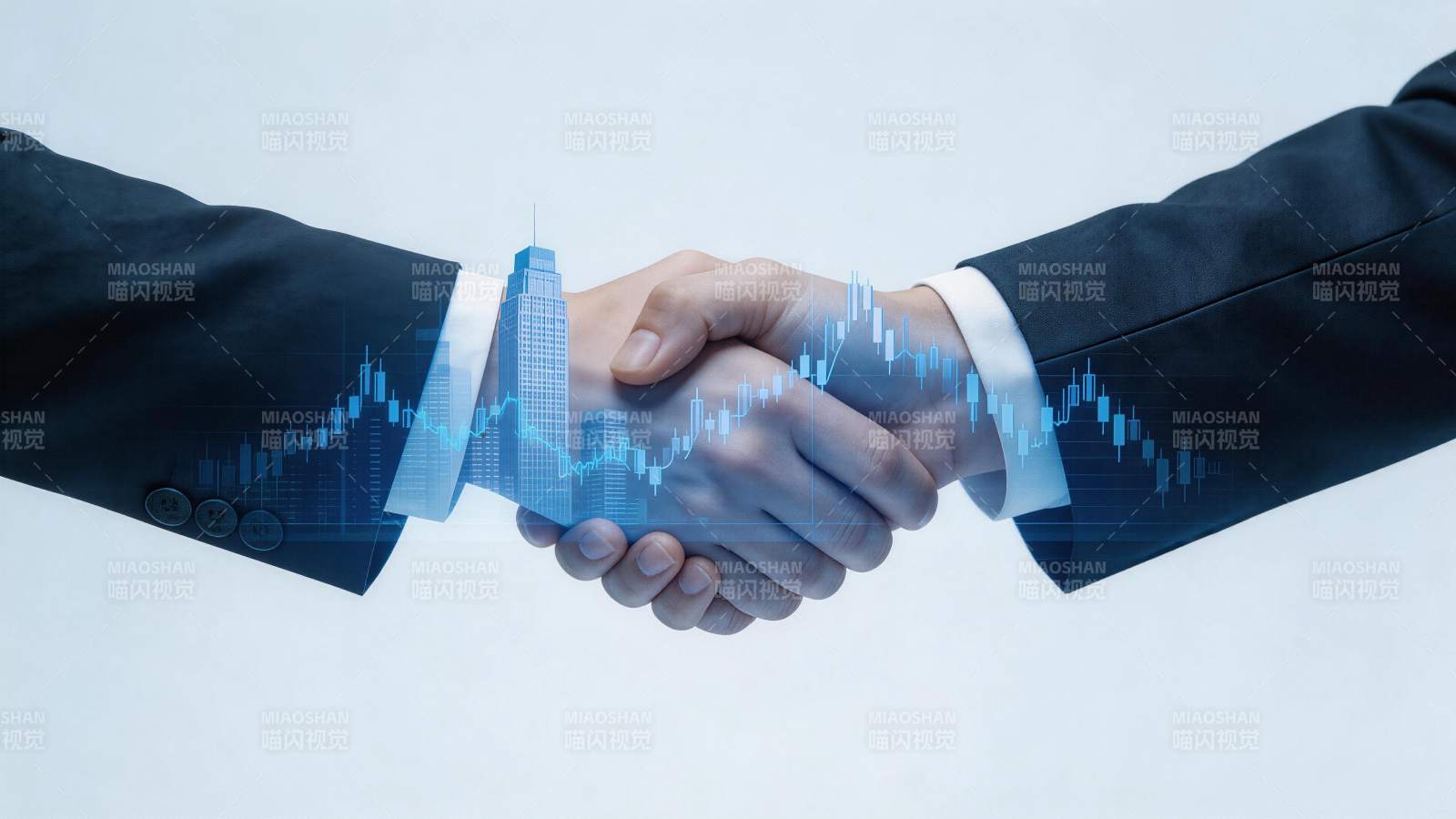 商务人士握手叠加金融图表与城市建筑影像图片