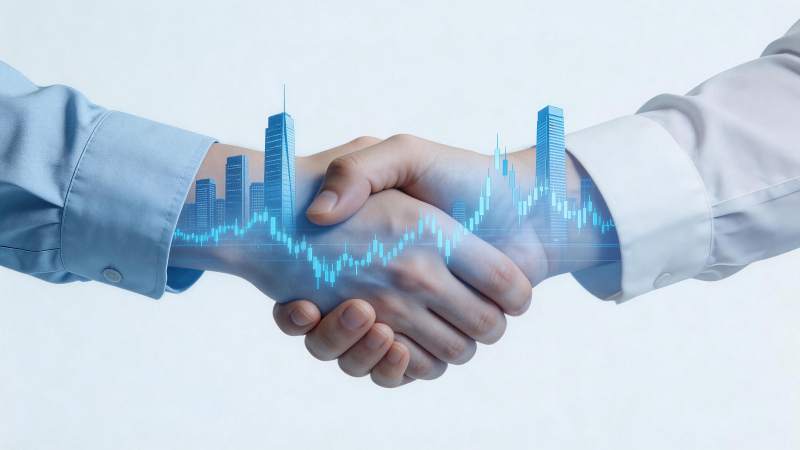 商务握手叠加城市建筑与金融图表影像图片