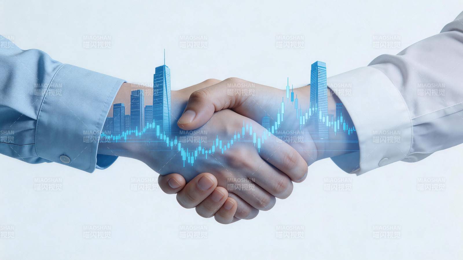 商务握手叠加城市建筑与金融图表影像图片