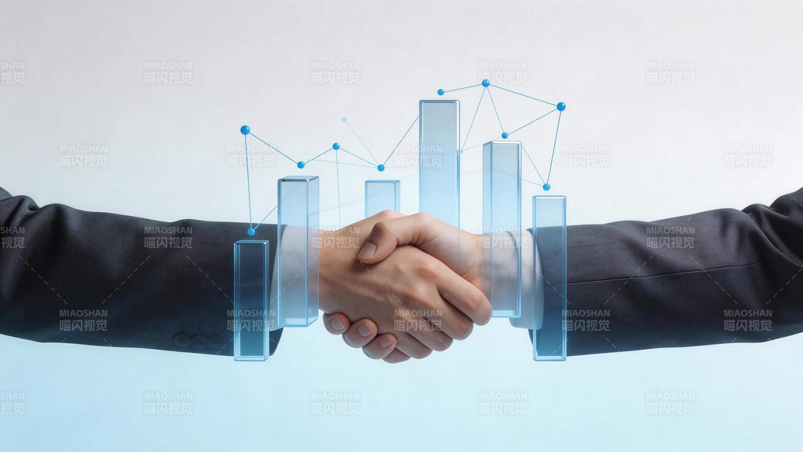 商务人士握手叠加数据图表呈现合作场景图片