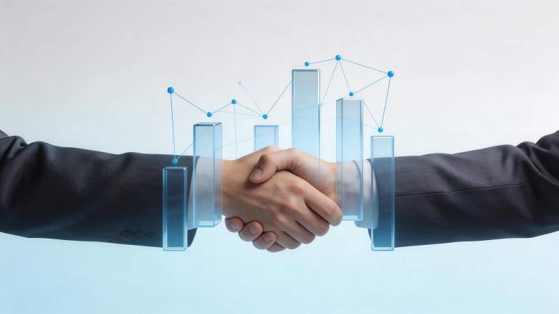 商务人士握手叠加数据图表呈现合作场景图片