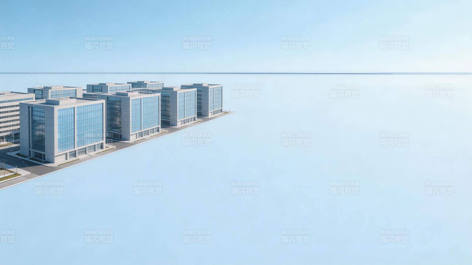 现代玻璃幕墙办公楼群临水而建图片