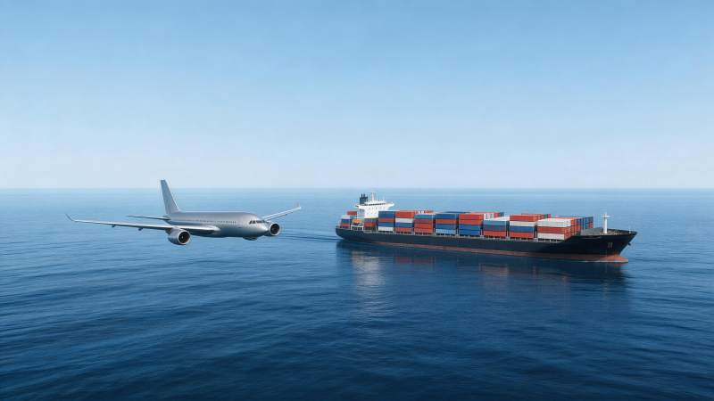 货轮与客机在海面上空并行飞行航行图片