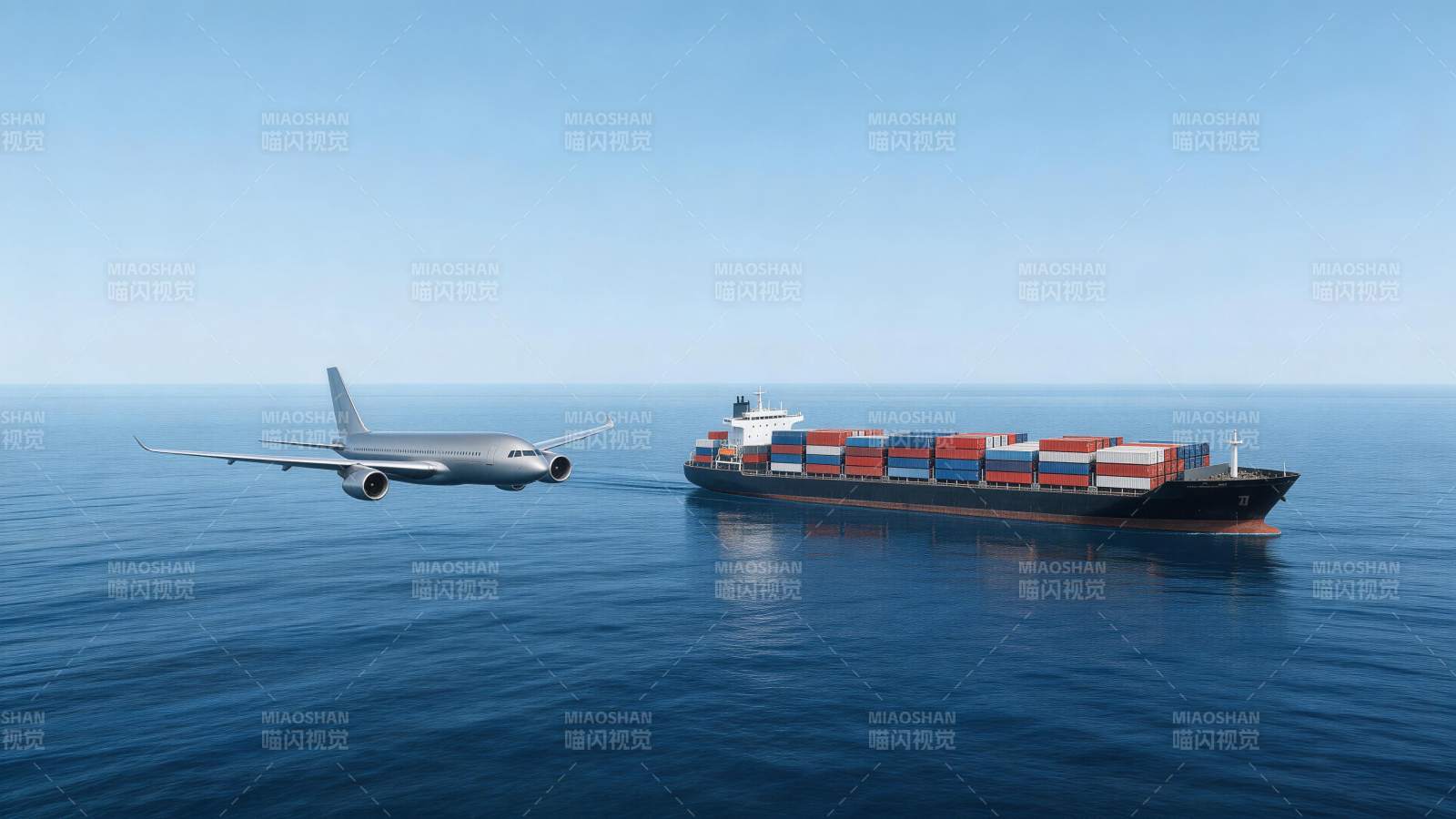 货轮与客机在海面上空并行飞行航行图片