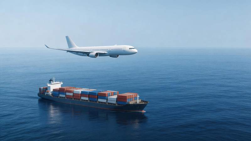 货轮航行海面飞机低空飞行运输场景图片