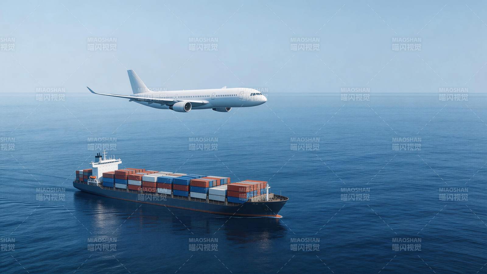 货轮航行海面飞机低空飞行运输场景图片