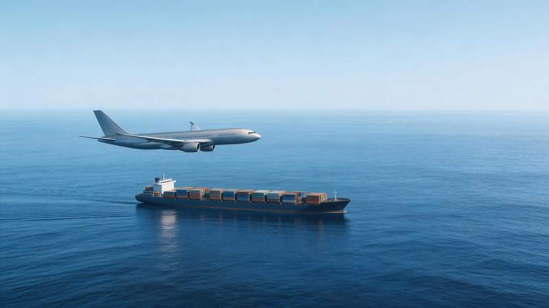 货轮航行海面飞机低空飞行运输场景图片