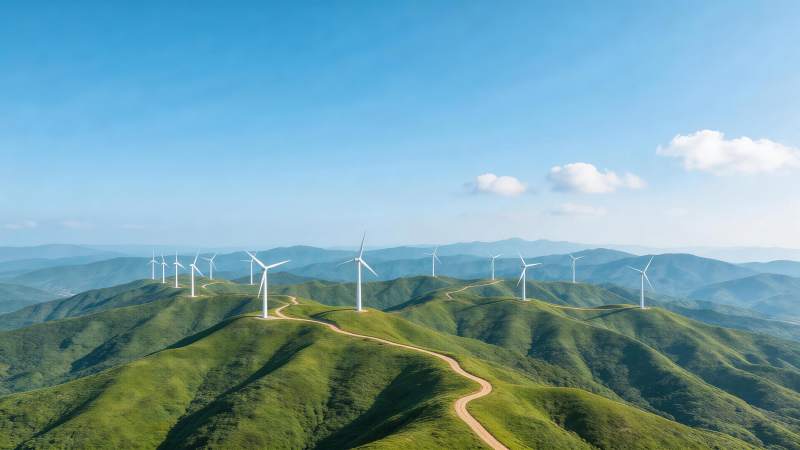 绿色山丘上排列整齐的白色风力发电机群图片