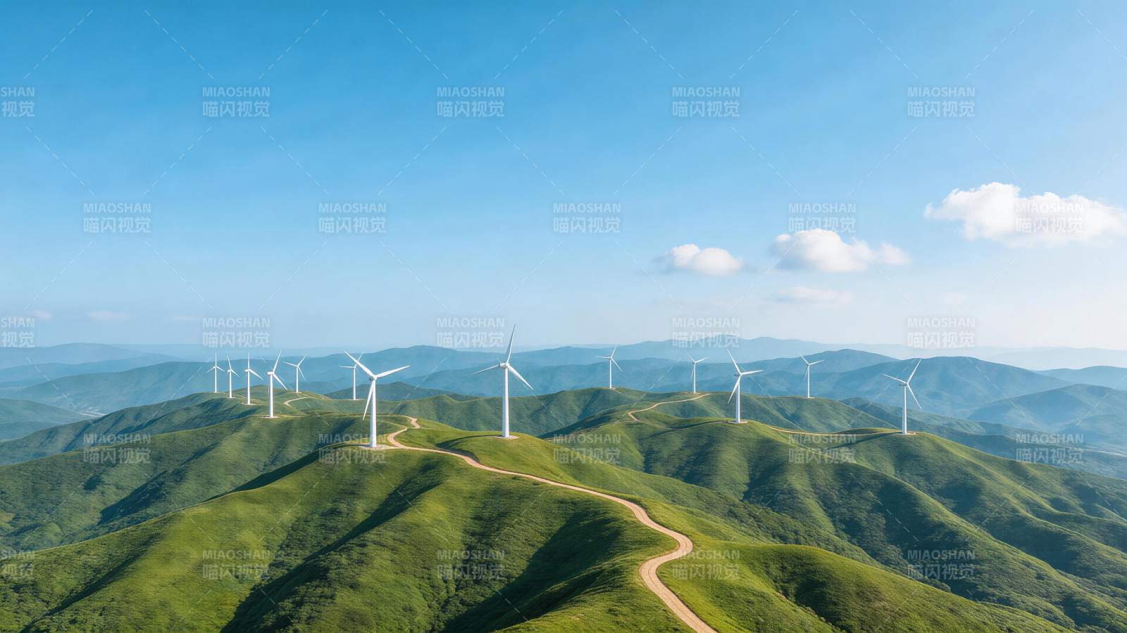 绿色山丘上排列整齐的白色风力发电机群图片