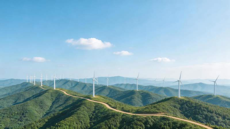 连绵青山之上矗立多座白色风力发电机图片