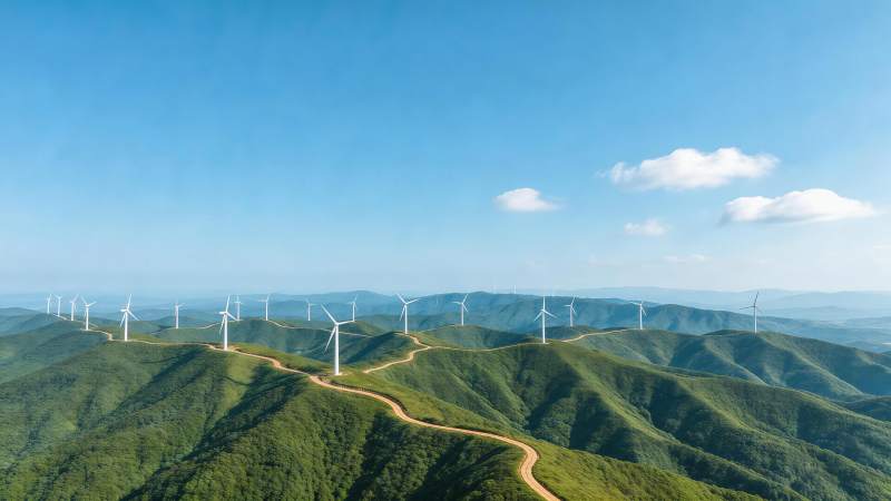 绿色山丘上排列整齐的白色风力发电机群图片