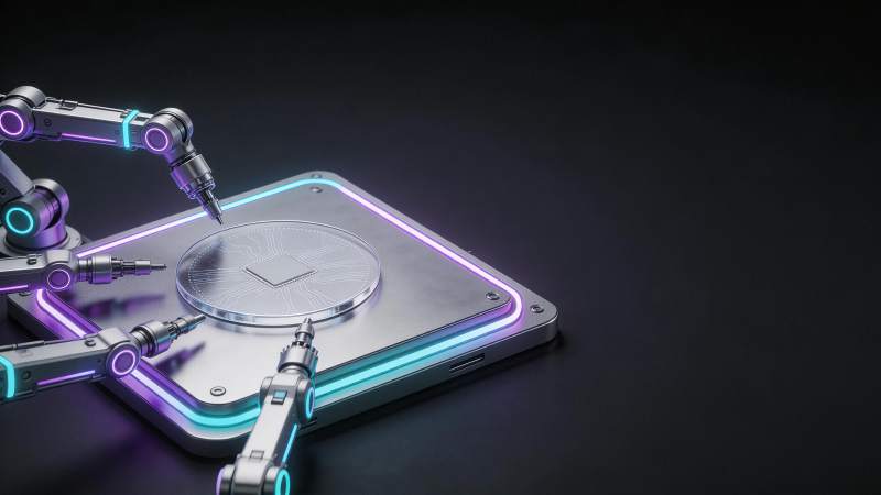 机械臂操作芯片制造设备特写图片