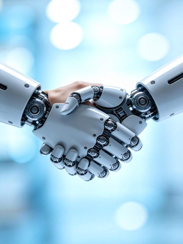 人类手掌与机械手臂握手特写画面图片