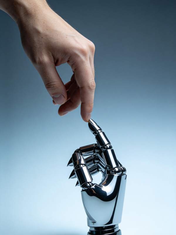 人类手指轻触机械手指尖的科技互动场景图片