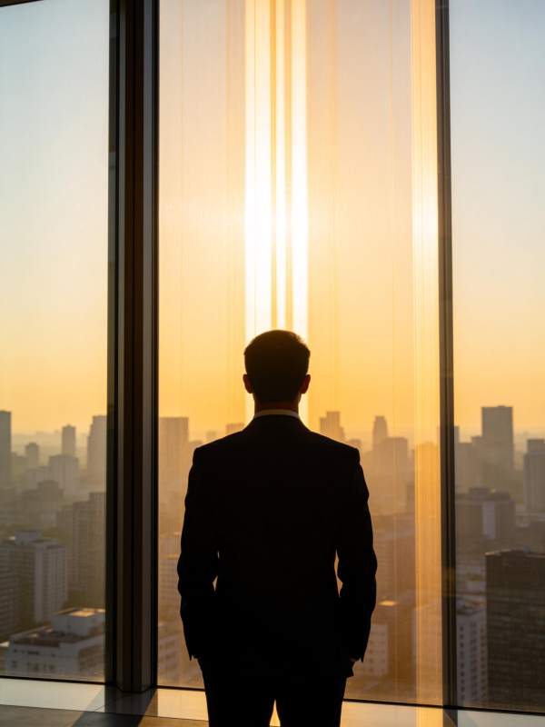 西装男子背影伫立高楼窗前眺望城市日落图片