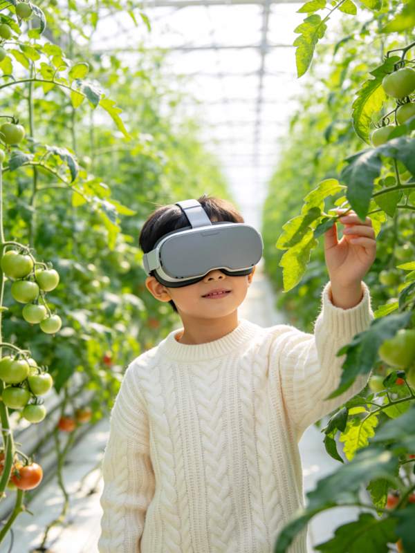 儿童佩戴VR眼镜在番茄温室中观察植株图片