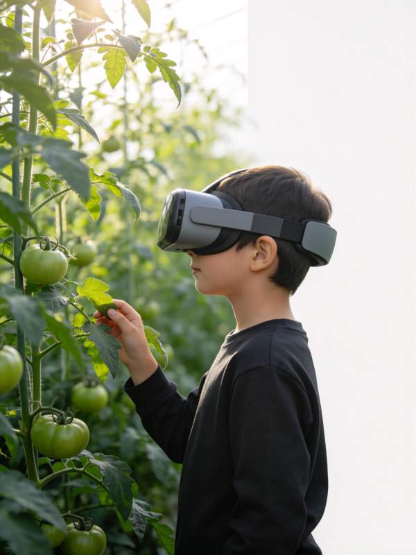 戴VR设备的男孩在番茄植株旁观察果实图片