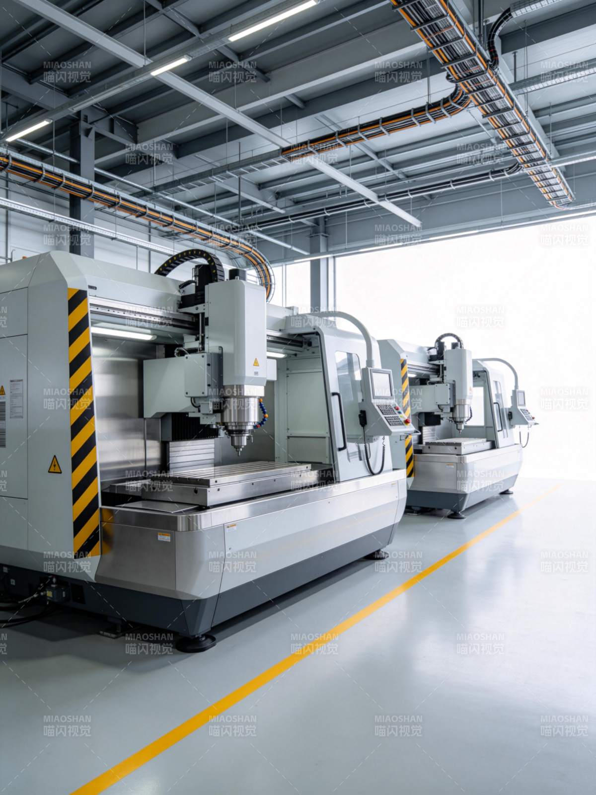 现代化数控机床车间内多台加工中心整齐排列图片