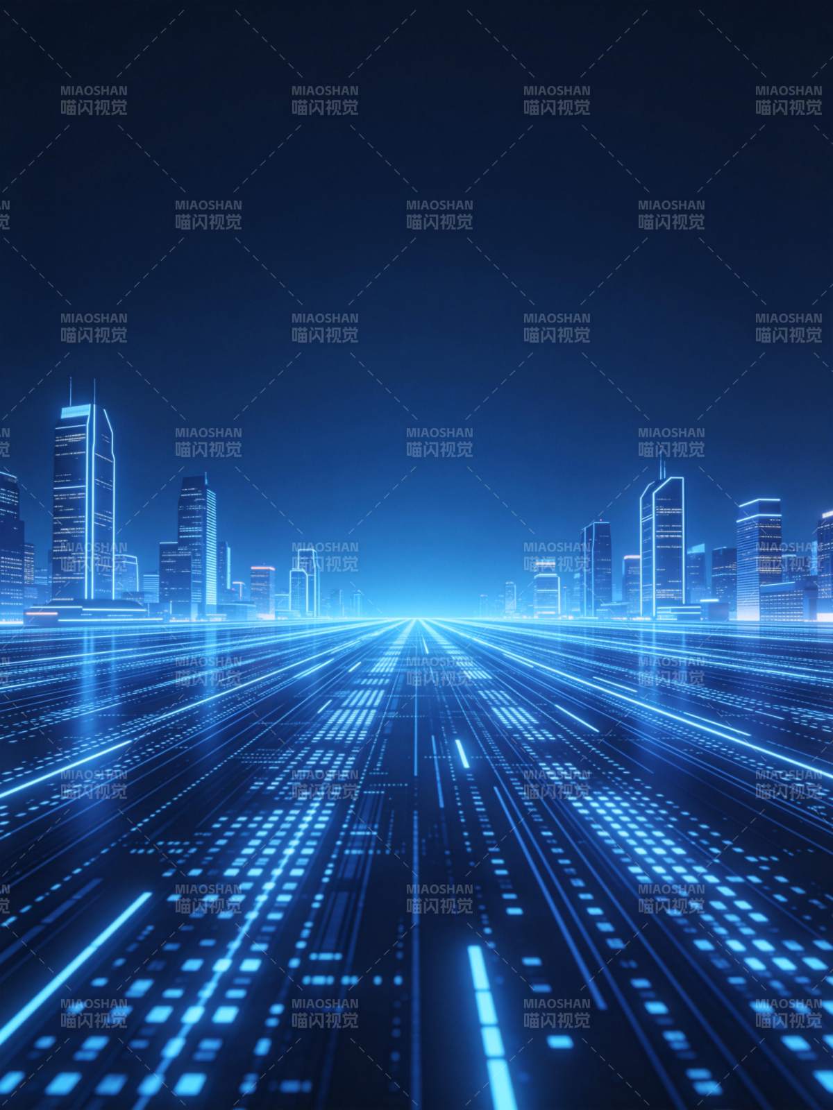 蓝色光效未来城市道路与高楼夜景图片