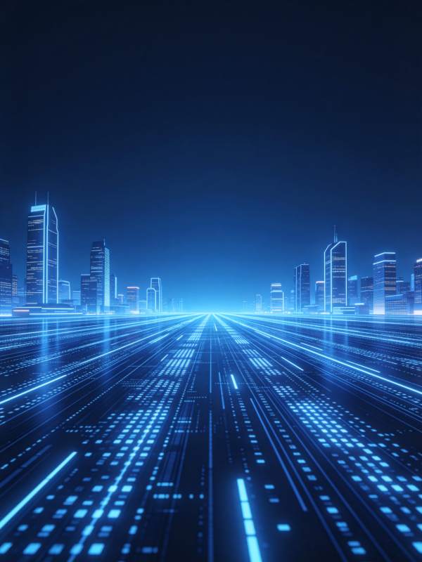 蓝色光效未来城市道路与高楼夜景图片