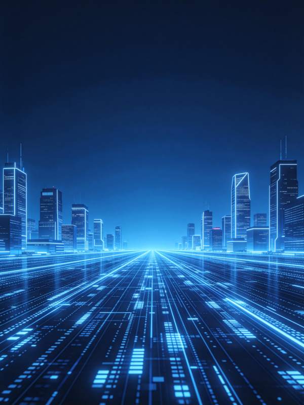 蓝色霓虹光效下的未来城市数字街道图片