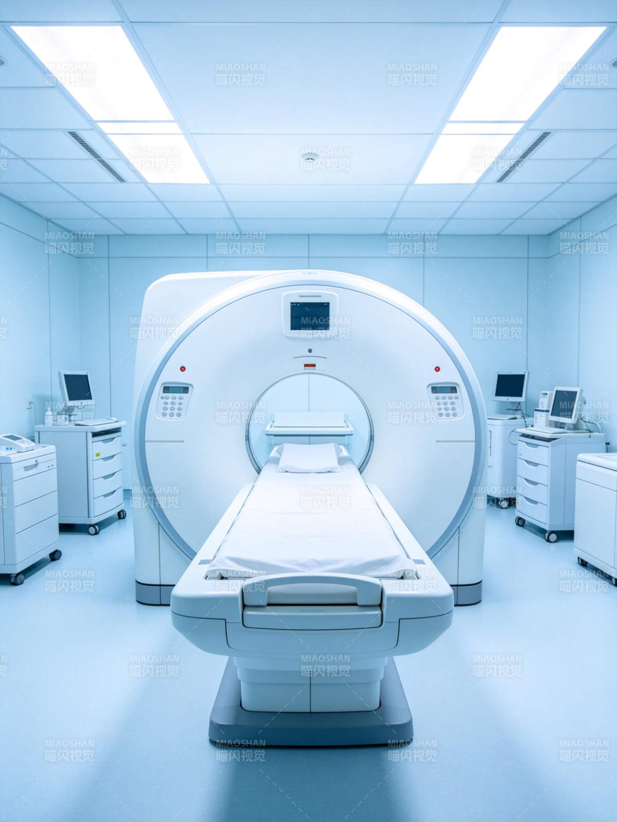 医院CT扫描室内部设备与检查床全景图片