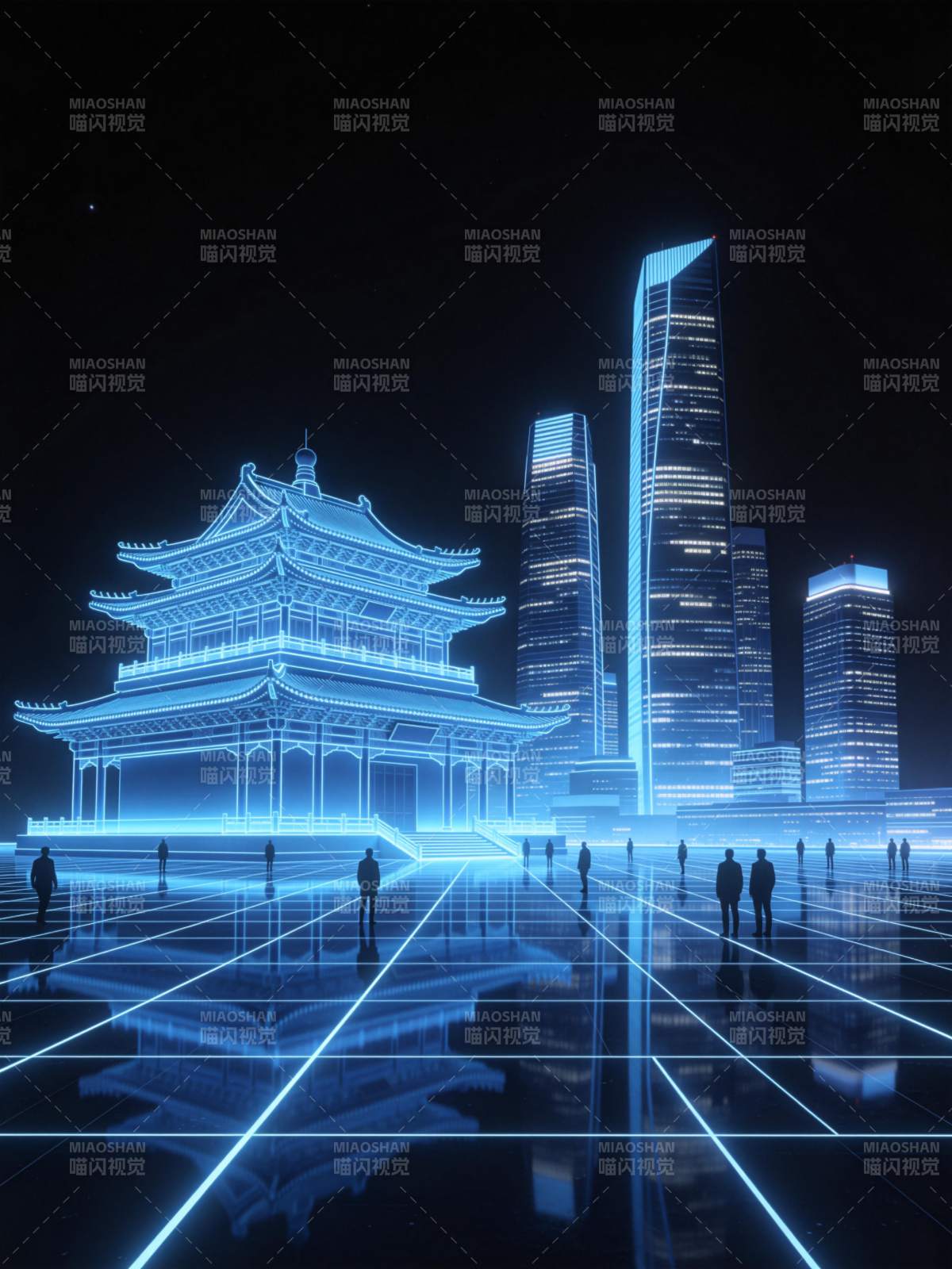 蓝光霓虹古建筑与现代高楼并立夜景图片