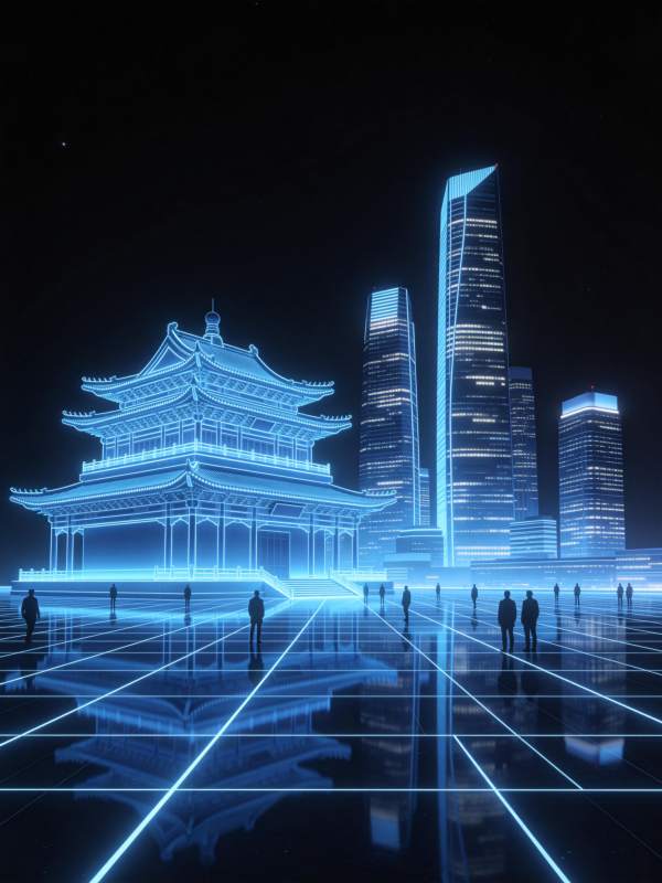 蓝光霓虹古建筑与现代高楼并立夜景图片