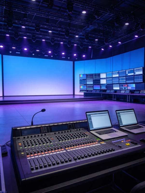 专业演播厅内音频调音台与多屏监控系统图片