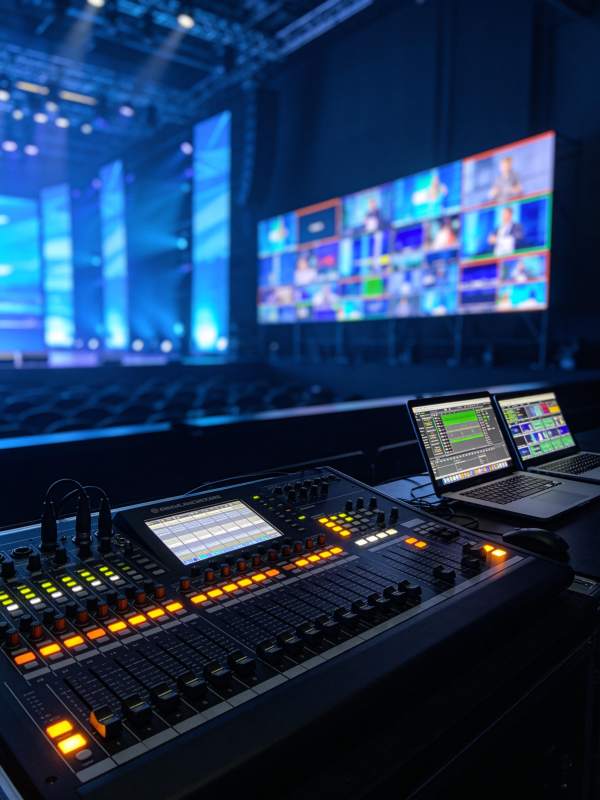 舞台灯光控制台与多屏直播监控现场图片