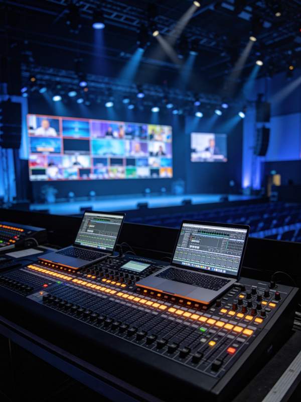 舞台灯光下音频调音台与多屏监控设备现场图片