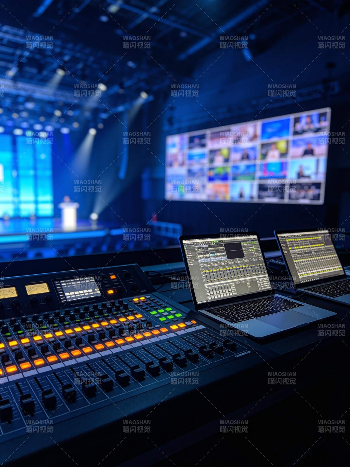 演播厅内音频调音台与多屏监控设备工作场景图片