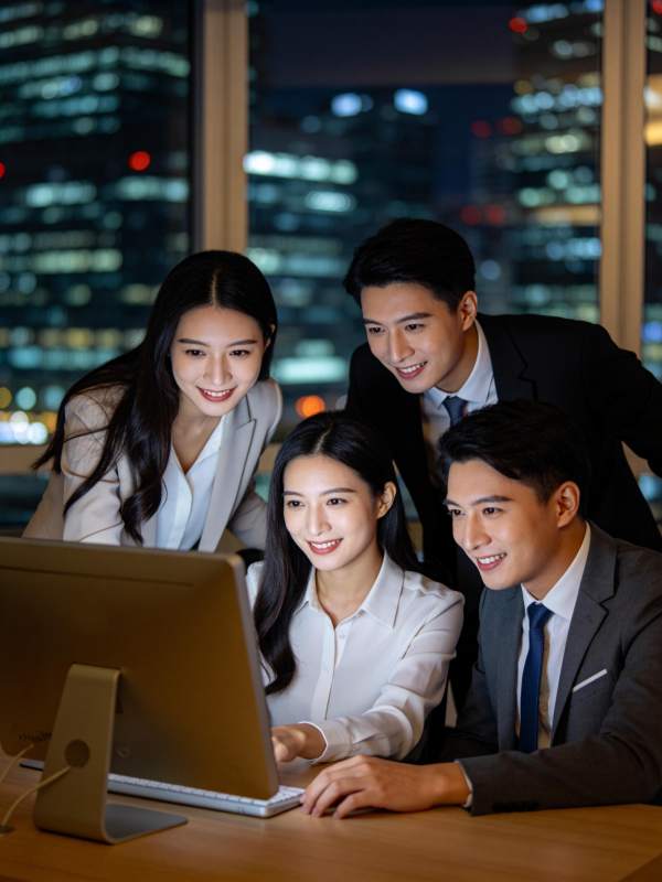 四位职场人士夜间围坐电脑前协作工作图片