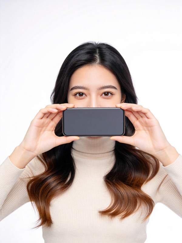 女性双手持手机遮挡面部特写图片
