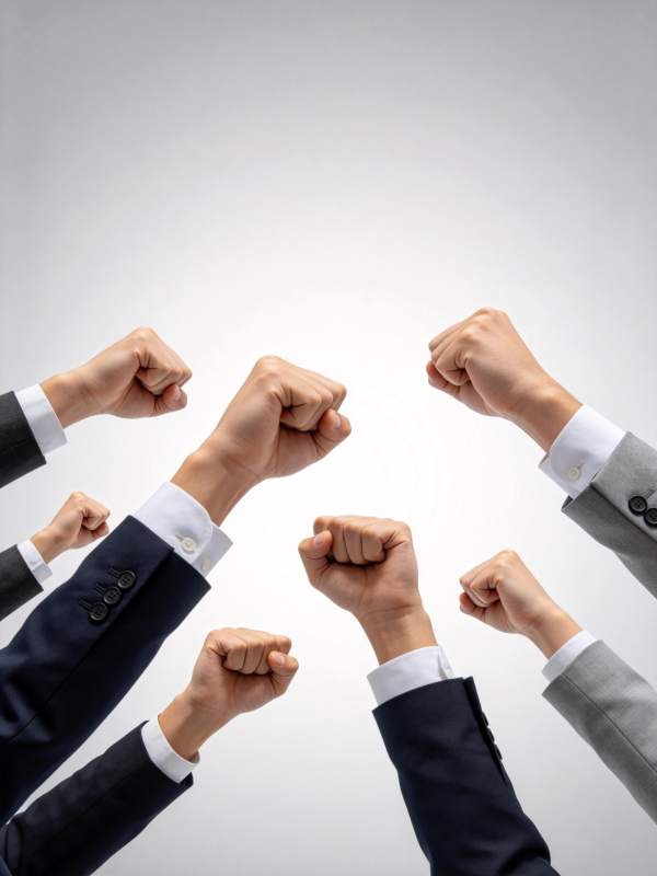 多只西装手臂握拳向上汇聚展示团结力量图片