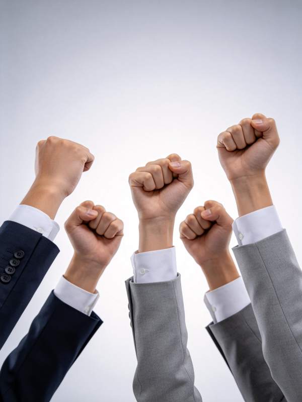 多人举拳示意团结协作的商务场景图片
