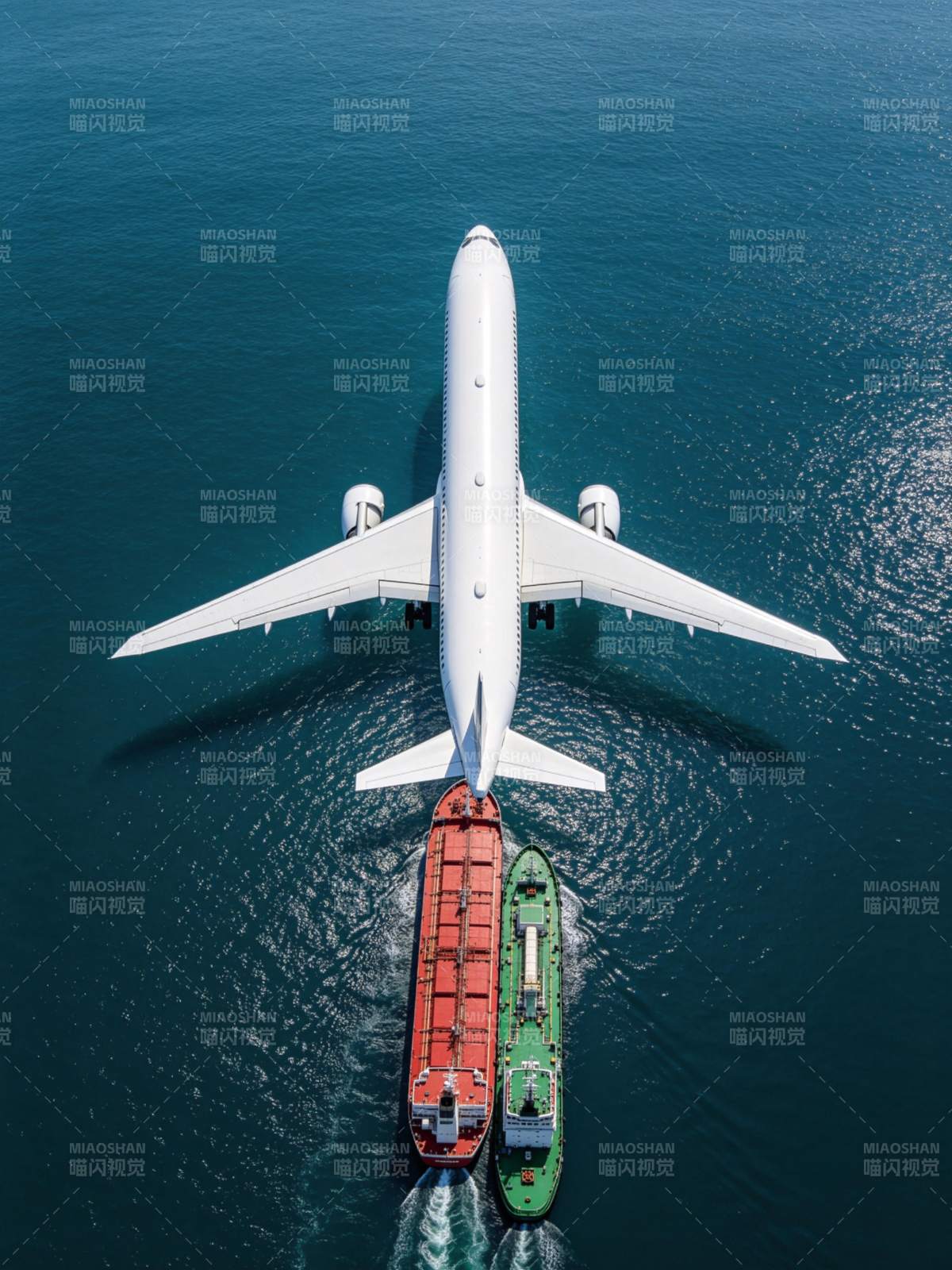 白色客机悬浮海面两艘货船并行航行图片