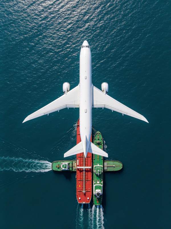 飞机与货轮在海面并行航行的俯瞰视角图片