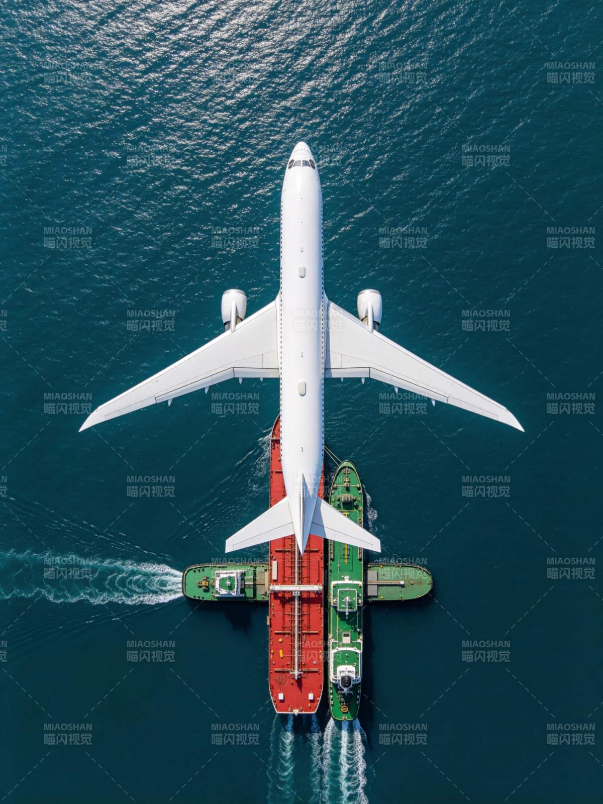 飞机与货轮在海面并行航行的俯瞰视角图片