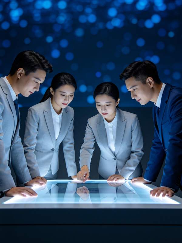 四位职场人员围看发光交互桌面操作演示图片