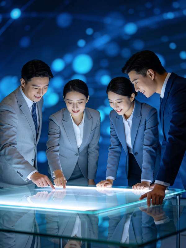 四位商务人士围看发光交互桌面进行协作图片