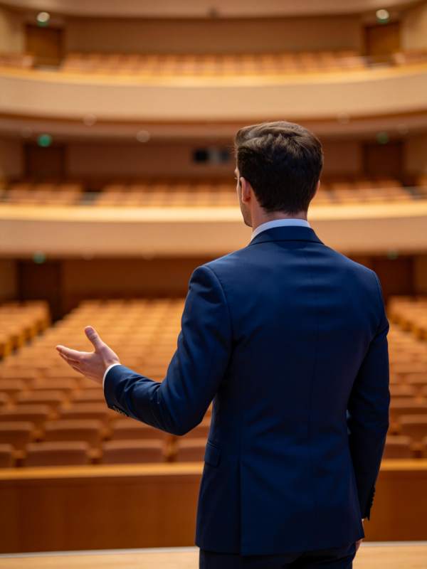 男士背对镜头在空旷礼堂演讲手势示意图片