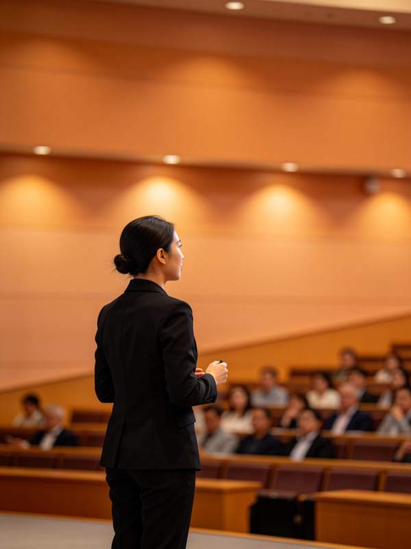 女性演讲者在阶梯教室面向听众演讲图片