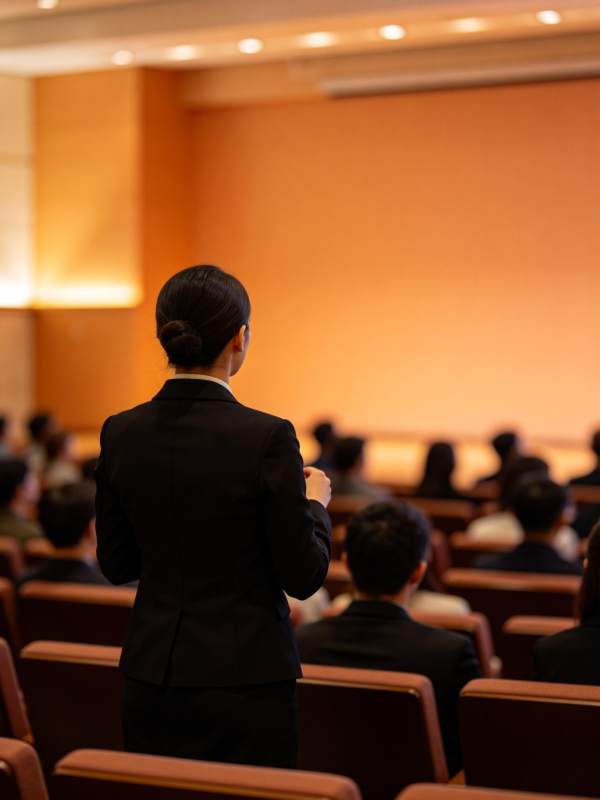 女性演讲者背对观众在会议厅进行报告图片