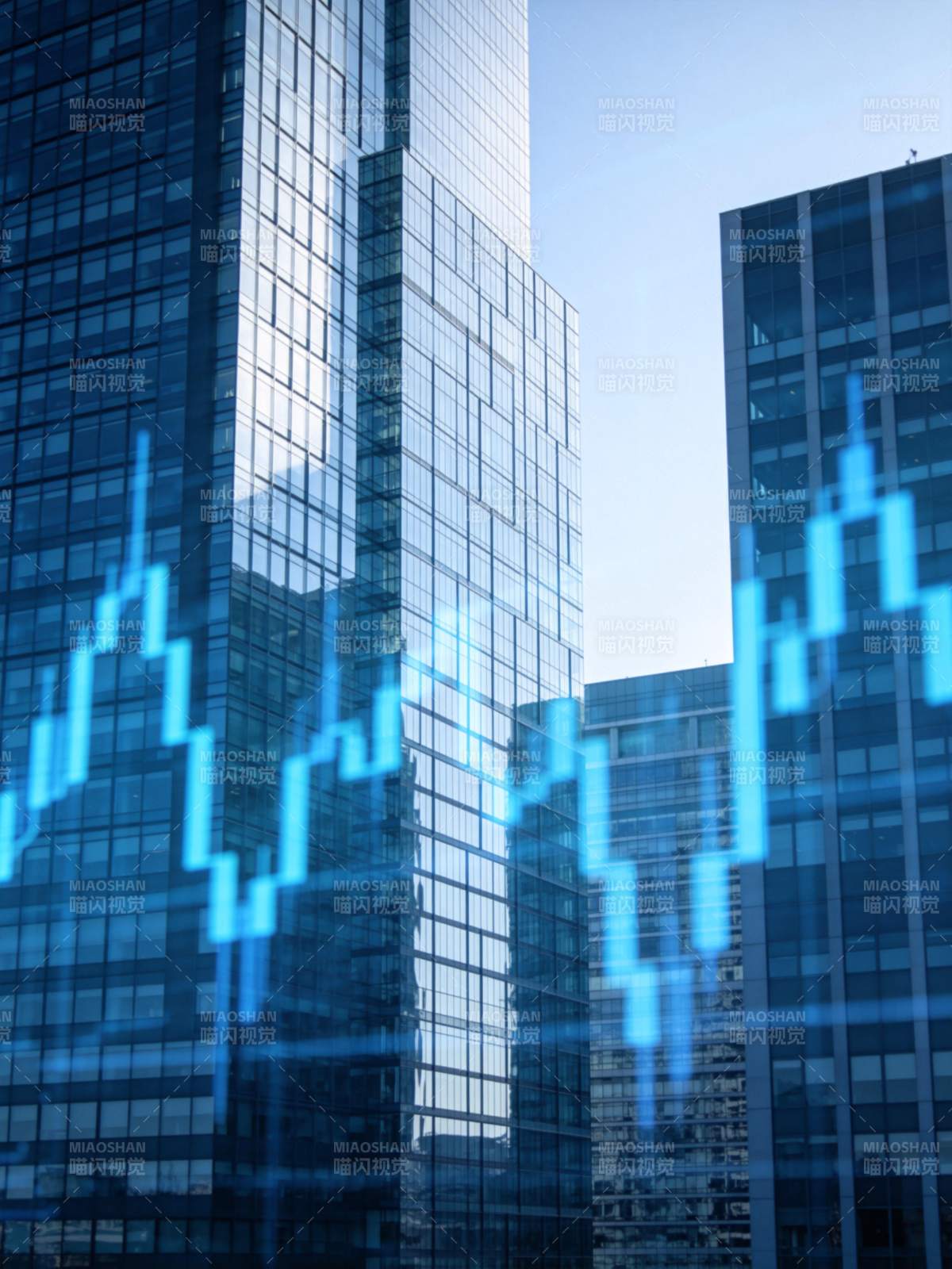 玻璃幕墙高楼与蓝色股票K线图叠加画面图片