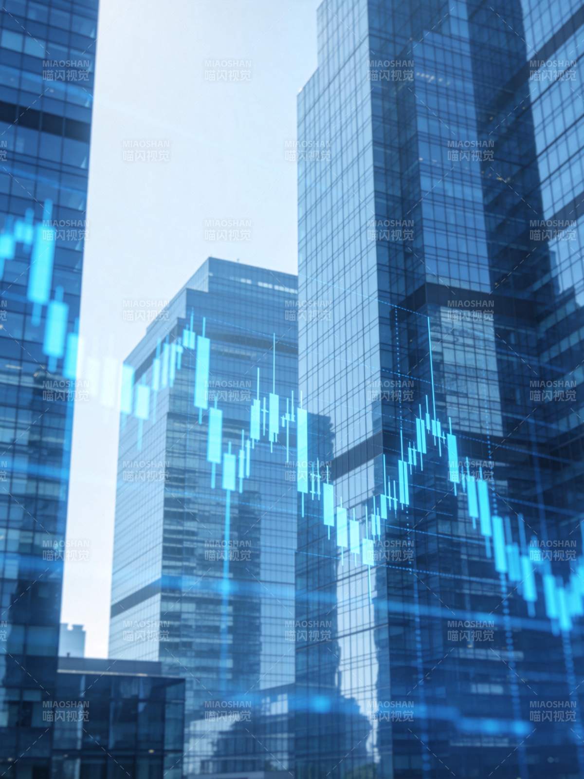 现代城市高楼群与蓝色金融图表叠加影像图片