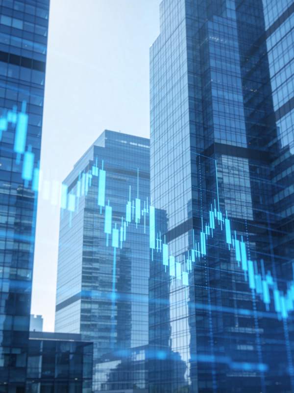 现代城市高楼群与蓝色金融图表叠加影像图片